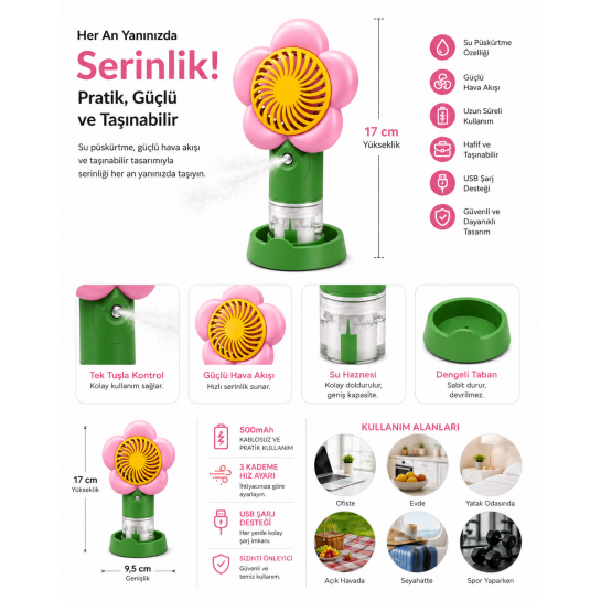 Su Soğutmalı Mini Vantilatör | Type-C Şarjlı 3 Kademe Sessiz Püskürtmeli Masaüstü Fan