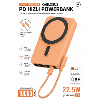 Profesyonel Manyetik Kablosuz Powerbank 10000mAh | 22.5W Hızlı Şarj, Type-C Kablolu, Dijital Göstergeli