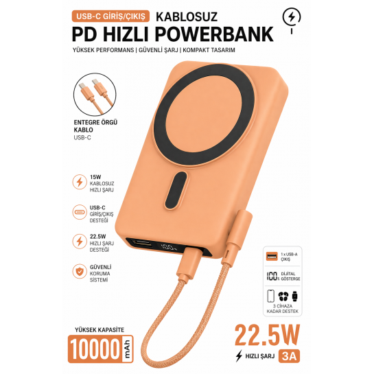 Profesyonel Manyetik Kablosuz Powerbank 10000mAh | 22.5W Hızlı Şarj, Type-C Kablolu, Dijital Göstergeli
