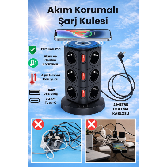 12’li Akıllı Priz Power Tower 3680W Kablosuz Şarjlı Akım Korumalı Çoklu Priz USB-C USB Girişli Güç İstasyonu