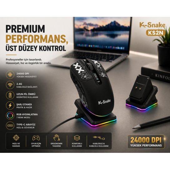 Kablosuz Rgb Gaming Mouse 24000 Dpı Şarj Standlı Type-C Oyuncu Mouse .