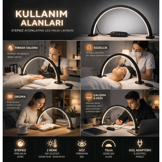 75 cm Yarım Ay LED Lamba – Profesyonel Moon Light, Büyük Boy Kirpik, Protez Tırnak ve Makyaj Lambası, Ayarlanabilir Parlaklık