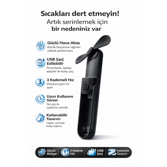 Katlanabilen Kompakt 3 Kademeli Mini Vantilatör 1800MAH Portatif Soğutucu El Fanı