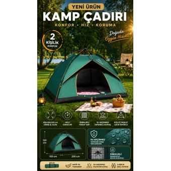  Tam Otomatik Kamp Çadırı 2 Kişilik 200x150 cm 3 Saniyede Kurulum Su Geçirmez Geniş Çadır Outdoor