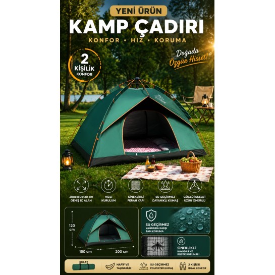  Tam Otomatik Kamp Çadırı 2 Kişilik 200x150 cm 3 Saniyede Kurulum Su Geçirmez Geniş Çadır Outdoor