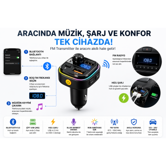 Araç İçi FM Verici Bluetooth 5.0 | Hızlı Şarj USB-A Type-C, Müzik & Konuşma Destekli