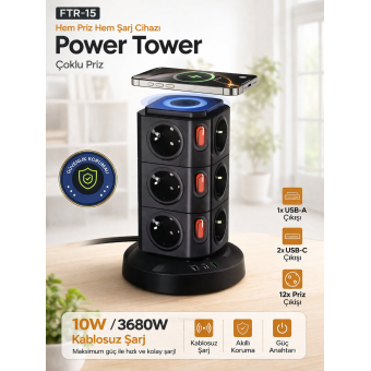 12’li Akıllı Priz Power Tower 3680W Kablosuz Şarjlı Akım Korumalı Çoklu Priz USB-C USB Girişli Güç İstasyonu