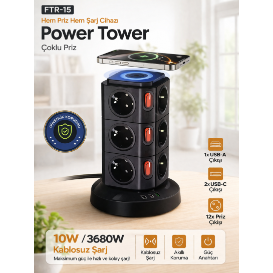 12’li Akıllı Priz Power Tower 3680W Kablosuz Şarjlı Akım Korumalı Çoklu Priz USB-C USB Girişli Güç İstasyonu