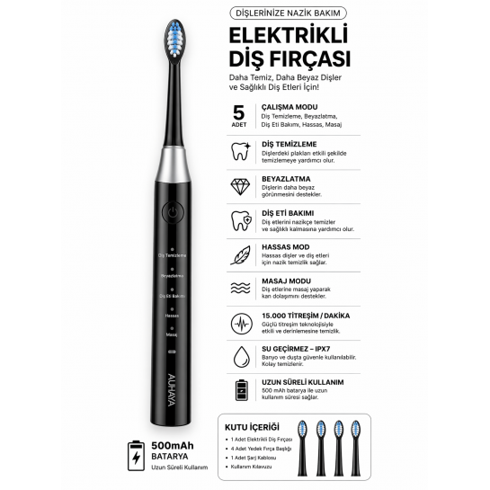 Elektrikli Diş Fırçası Şarjlı 5 Mod 15000 Titreşim IPX7 Su Geçirmez 4 Yedek Başlık