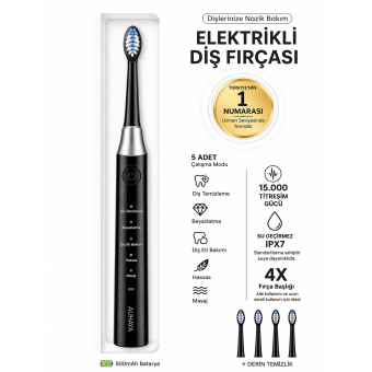 Elektrikli Diş Fırçası Şarjlı 5 Mod 15000 Titreşim IPX7 Su Geçirmez 4 Yedek Başlık