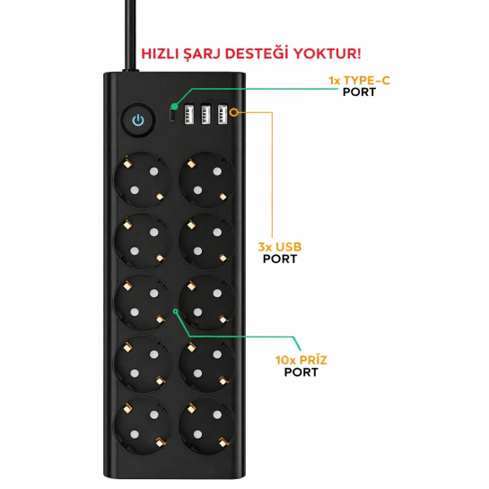 10’lu Çoklu Priz 3680W 16A USB ve Type-C Girişli Akım Korumalı Anahtarlı Priz