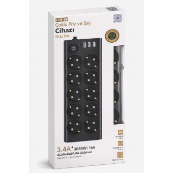10’lu Çoklu Priz 3680W 16A USB ve Type-C Girişli Akım Korumalı Anahtarlı Priz