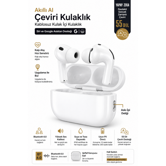 Çevirmen Kulaklık Bt 6.0 | 55 Dil Anlık Çeviri | Anc Gürültü Engelleme | Siri & Google Asistan Destekli Kablosuz Bluetooth