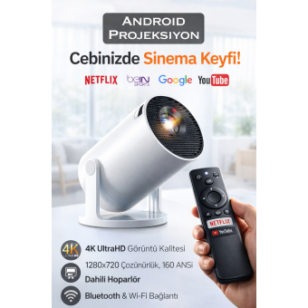 Akıllı Projeksiyon Cihazı Android Wi-Fi Bluetooth 4K Destekli Taşınabilir Mini Projektör Ev Sinema Cihazı
