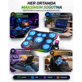 9 Fanlı Laptop Soğutucu 2400 Rpm Ultra Güçlü Fan 13-19 inç Laptoplar İle Uyumlu 8 Kademe Yükseklik 9 Fanlı Laptop Soğutucu 2400 Rpm Ultra Güçlü Fan 13-19 inç Laptoplar İle Uyumlu 8 Kademe Yükseklik