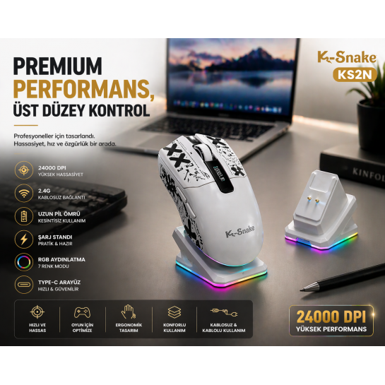 Kablosuz Rgb Gaming Mouse 24000 Dpı Şarj Standlı Type-C Oyuncu Mouse
