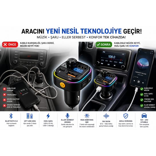 Araç İçi FM Verici Bluetooth 5.0 | Hızlı Şarj USB-A Type-C, Müzik & Konuşma Destekli