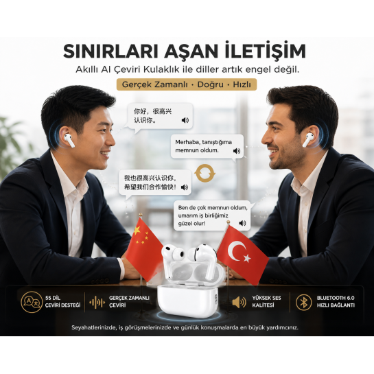 Çevirmen Kulaklık Bt 6.0 | 55 Dil Anlık Çeviri | Anc Gürültü Engelleme | Siri & Google Asistan Destekli Kablosuz Bluetooth