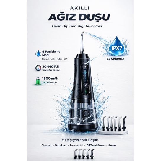 Şarjlı Ağız Duşu 320ml Güçlü Su Basıncı IPX7 Su Geçirmez Diş Arası Temizleyici 4 Mod