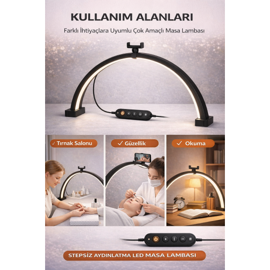 75 cm Yarım Ay LED Lamba – Profesyonel Moon Light, Büyük Boy Kirpik, Protez Tırnak ve Makyaj Lambası, Ayarlanabilir Parlaklık