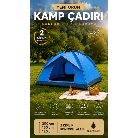 Tam Otomatik Kamp Çadırı 2 Kişilik 200x150 cm 3 Saniyede Kurulum Su Geçirmez Geniş Çadır Outdoor