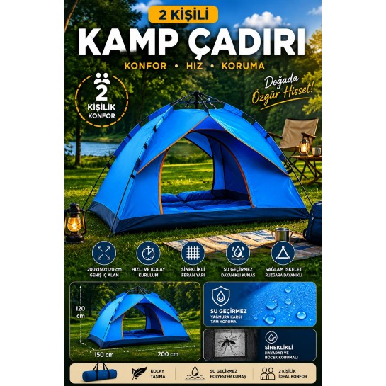 Tam Otomatik Kamp Çadırı 2 Kişilik 200x150 cm 3 Saniyede Kurulum Su Geçirmez Geniş Çadır Outdoor