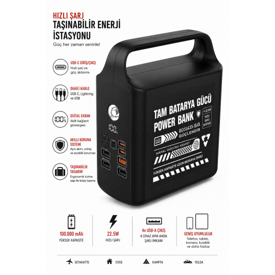 Taşınabilir Güç İstasyonu 100.000 mAh | 100W Hızlı Şarj | Güçlü LED Aydınlatma Dahili Kablolu Powerbank Taşınabilir Güç İstasyonu 100.000 mAh | 100W Hızlı Şarj | Güçlü LED Aydınlatma Dahili Kablolu Powerbank