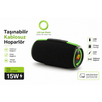 Taşınabilir Kablosuz Hoparlör Güçlü Ses • 15W RMS 4000 mAh Uzun Pil Ömrü Bluetooth Bağlantı RGB LED Işık Efekti Güçlü Bas Performansı
