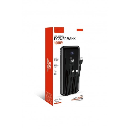 10.000 Mah Plus Dijital Göstergeli Dahili Çoklu Kablolu Powerbank,siyah,taşınabilir Şarj Cihazı Blic