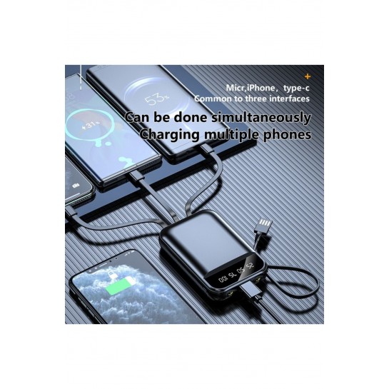 10.000 Mah Mini Pro Dijital Göstergeli Dahili Çoklu Kablolu Powerbank,Siyah,Taşınabilir Şarj Cihazı 