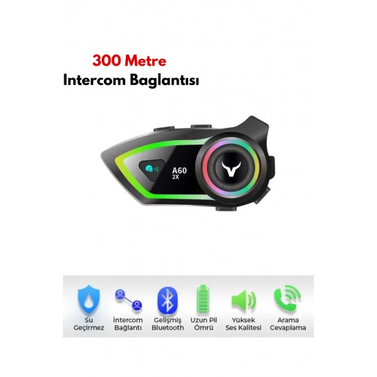 2 Intercom Bağlantılı Su Geçirmez Motosiklet Kask Bluetooth 5.3 300m Intercoom 2.000mah