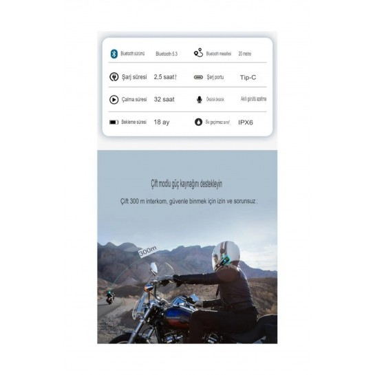 2 Intercom Bağlantılı Su Geçirmez Motosiklet Kask Bluetooth 5.3 300m Intercoom 2.000mah