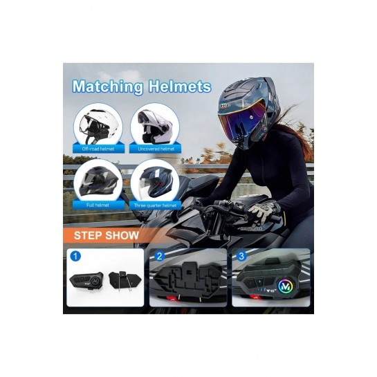 2 Telefon Bağlantılı Su Geçirmez Motosiklet Kask Intercom Bluetooth 5.3 300m Intercom 2.000 Mah