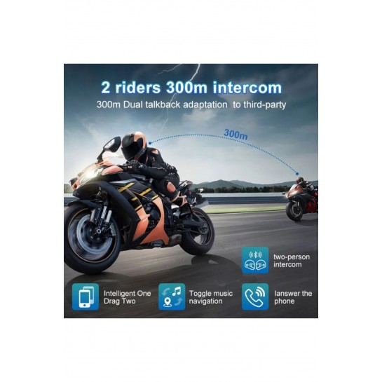 2 Telefon Bağlantılı Su Geçirmez Motosiklet Kask Intercom Bluetooth 5.3 300m Intercom 2.000 Mah