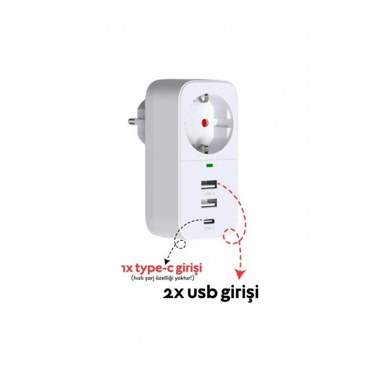 Akım Korumalı Akıllı Priz 2 USB Girişi + 1 TYPE-C Girişli Priz