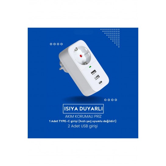 Akım Korumalı Akıllı Priz 2 USB Girişi + 1 TYPE-C Girişli Priz