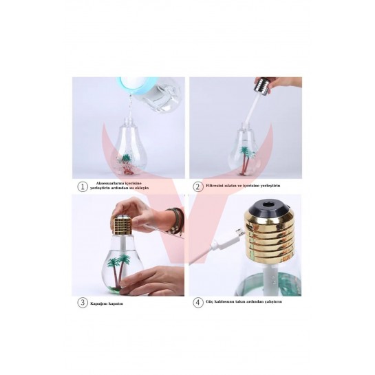 Hava Nemlendirici Ampül Görünümlü Aksesuarlı 400Ml 7 Renk Led Işıklı Oda Nemlendirici Masa Üstü