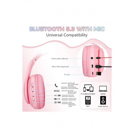 Kedi Kulaklık Pro 5.3 Akıllı Rgb Led Detaylı Bluetooth Kablosuz Kulaklık Çocuk Oyuncu Yeni