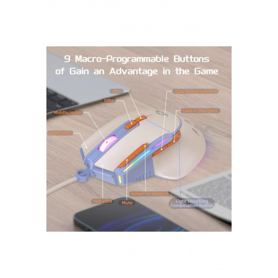 M2 Kablolu Espor Oyuncu Mouse RGB 12800 DPI Ledli Gaming Mouse Software 9 Makro Sensor