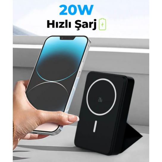 MagSafe Powerbank Standlı Deri 20W Hızlı Şarj Taşınabilir Batarya Kablosuz Şarj Cihazı Mıknatıs 10000mAh