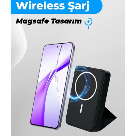 MagSafe Powerbank Standlı Deri 20W Hızlı Şarj Taşınabilir Batarya Kablosuz Şarj Cihazı Mıknatıs 10000mAh