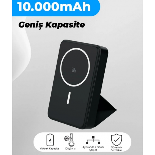 MagSafe Powerbank Standlı Deri 20W Hızlı Şarj Taşınabilir Batarya Kablosuz Şarj Cihazı Mıknatıs 10000mAh