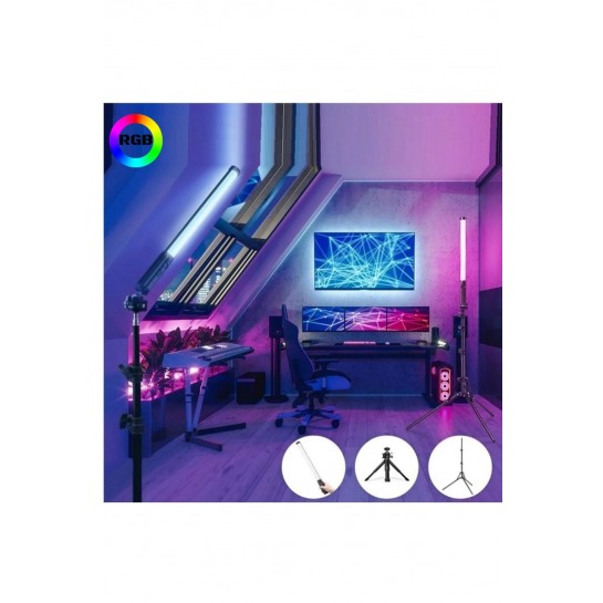 Şarjlı 1 Ad Fotoğrafçılık Işık Çubuğu Rgb Aydınlatma Ledi Canlı Video Çekimi Işığı 2+1 Mt Tripod
