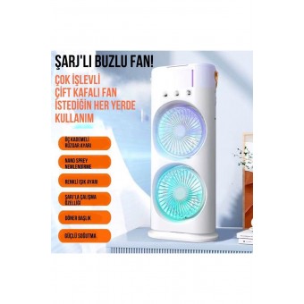 Şarjlı Uzaktan Kumanda Buzlu Taşınabilir Fan Soğutucu RGB Led Çift Fanlı Buz Hazneli Masaüstü Fan