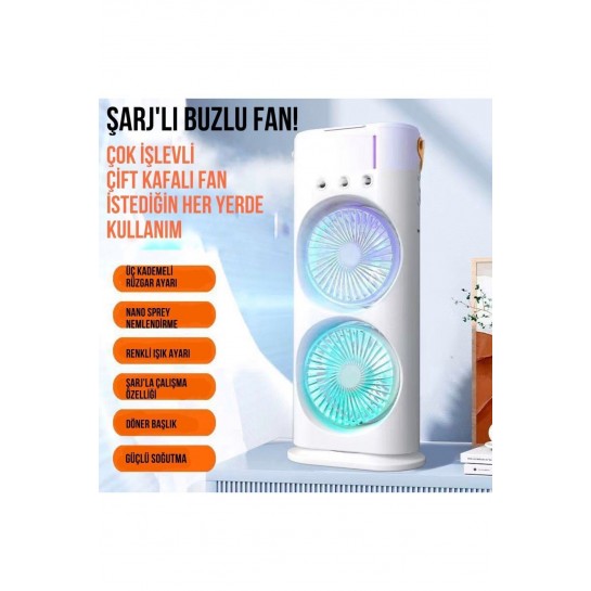 Şarjlı Uzaktan Kumanda Buzlu Taşınabilir Fan Soğutucu RGB Led Çift Fanlı Buz Hazneli Masaüstü Fan