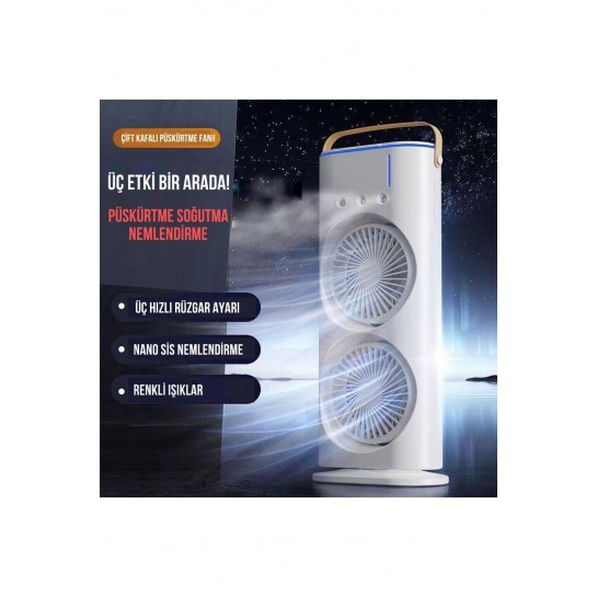 Şarjlı Uzaktan Kumanda Buzlu Taşınabilir Fan Soğutucu RGB Led Çift Fanlı Buz Hazneli Masaüstü Fan