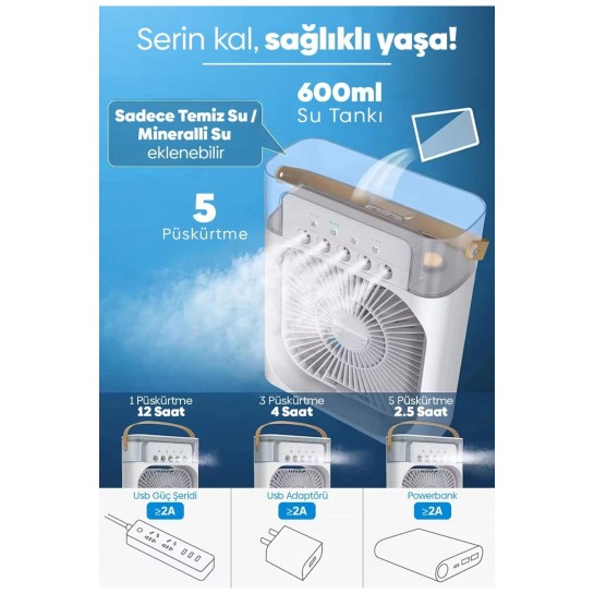 Su püskürtmeli Şarjlı Usb Hava Serinletici Fan Süper Sessiz Hava Nemlendiricili Masa Fanı