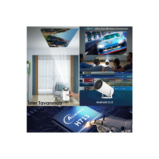 Taşınabilir Sinema Projektörü 1280 * 720p Ev Sineması Bluetooth Android 11 Akıllı Projeksiyon Wifi