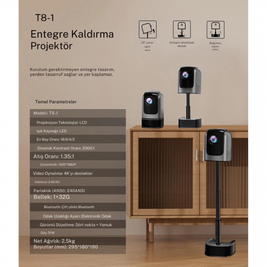 Taşınabilir Sinema Projektörü Dahili Hoparlör 1920 * 1080P Ev Sineması Bluetooth Android 11 Akıllı Projeksiyon Wifi