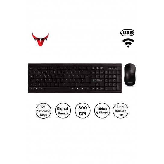 Trol Kablosuz Klavye Mouse Seti Türkçe Q Klavye Sessiz Set Siyah 104 Tuşlu